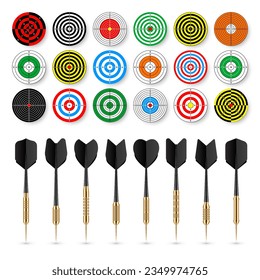 Destinos de papel con flechas y sombras de dardo. Rango de disparo: objetivo, divisiones, marcas y números. Práctica y entrenamiento de tiro de armas, competición deportiva. Bullseye y apuntar. Ilustración del vector