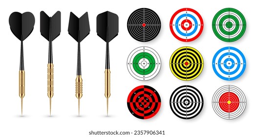 Paper targets with dart arrows and shadows. Shooting range round target, divisions, marks and numbers. Gun shooting practise and training, sport competition. Bullseye and aim. Vector illustration