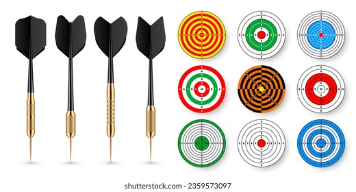 Paper targets with dart arrows and shadows. Shooting range round target, divisions, marks and numbers. Gun shooting practise and training, sport competition. Bullseye and aim. Vector illustration