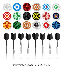 Paper targets with dart arrows and shadows. Shooting range round target, divisions, marks and numbers. Gun shooting practise and training, sport competition. Bullseye and aim. Vector illustration