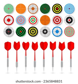 Paper targets with dart arrows and shadows. Shooting range round target, divisions, marks and numbers. Gun shooting practise and training, sport competition. Bullseye and aim. Vector illustration