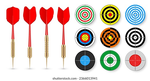 Destinos de papel con flechas y sombras de dardo. Rango de disparo: objetivo, divisiones, marcas y números. Práctica y entrenamiento de tiro de armas, competición deportiva. Bullseye y apuntar. Ilustración del vector