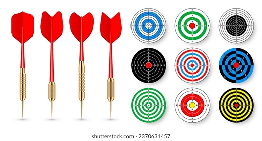 Destinos de papel con flechas y sombras de dardo. Rango de disparo: objetivo, divisiones, marcas y números. Práctica y entrenamiento de tiro de armas, competición deportiva. Bullseye y apuntar. Ilustración del vector
