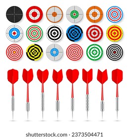 Destinos de papel con flechas y sombras de dardo. Rango de disparo: objetivo, divisiones, marcas y números. Práctica y entrenamiento de tiro de armas, competición deportiva. Bullseye y apuntar. Ilustración del vector