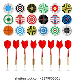 Paper targets with dart arrows and shadows. Shooting range round target, divisions, marks and numbers. Gun shooting practise and training, sport competition. Bullseye and aim. Vector illustration