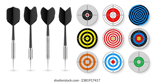Paper targets with dart arrows and shadows. Shooting range round target, divisions, marks and numbers. Gun shooting practise and training, sport competition. Bullseye and aim. Vector illustration