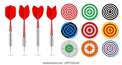 Paper targets with dart arrows and shadows. Shooting range round target, divisions, marks and numbers. Gun shooting practise and training, sport competition. Bullseye and aim. Vector illustration