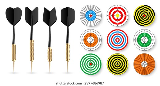 Paper targets with dart arrows and shadows. Shooting range round target, divisions, marks and numbers. Gun shooting practise and training, sport competition. Bullseye and aim. Vector illustration