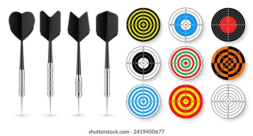 Destinos de papel con flechas y sombras de dardo. Rango de disparo: objetivo, divisiones, marcas y números. Práctica y entrenamiento de tiro de armas, competición deportiva. Bullseye y apuntar. Ilustración del vector