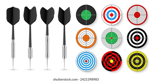 Paper targets with dart arrows and shadows. Shooting range round target, divisions, marks and numbers. Gun shooting practise and training, sport competition. Bullseye and aim. Vector illustration