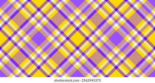 Paper tartan background pattern, damask check textile vector. Jersey seamless fabric plaid texture in gold and violet colors palette.