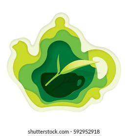 Paper teapot, teacup and leaf of tea, Paper art carved, vector art and illustration