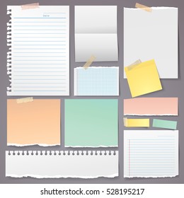 Paper tear set with sticky note and adhesive tape vector illustration isolated on grey background