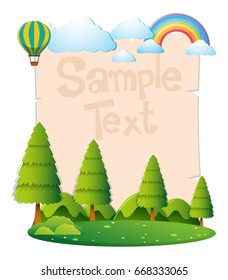 Paper template with balloons flying over forest illustration