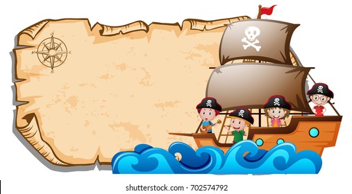 Paper template with children on pirate ship illustration