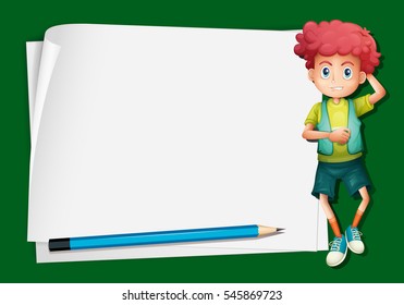 Paper template with cute boy and pencil illustration