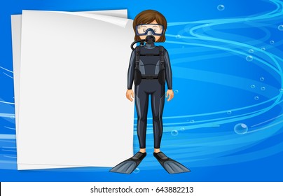 Paper template with girl in scuba diving outfit illustration