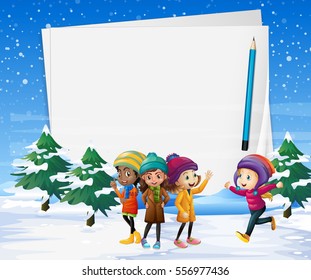 Paper template with kids in snow field illustration