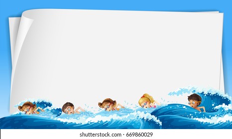 Paper template with kids swimming  in ocean illustration