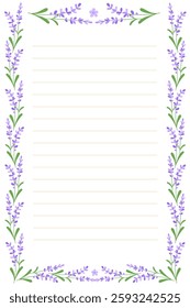 Paper Template for Letter or Notebook Page with Floral Borders of Spring Lavender Flowers