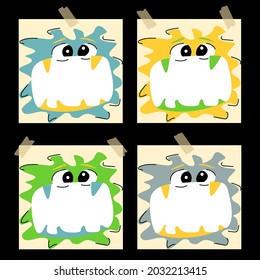 Papiervorlage mit Monstern für Kinderscheine, Lernen. Fröhliche Schnauze auf mit Klebeband verklebten Papierstücken. Vektorgrafik-Einzelbild-Design.