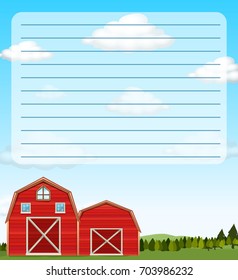 Paper template with red barns in field illustration