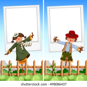 Paper template with scarecrows in background illustration