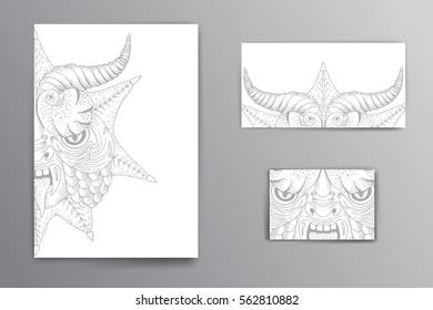 Paper template with Scary face dragon mask - vector handdrawn illustration. Looking dangerous abstract animal mask, carnival or Halloween decoration. Blank white paper in different sizes with ornament