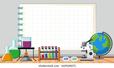Paper template with scienc equipments in the room illustration