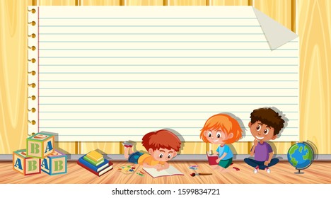 Paper template with three kids reading book in background illustration