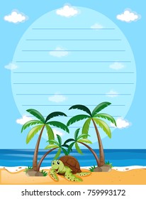 Paper template with turtle on beach background illustration