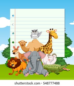 Paper template with wild animals in the field illustration