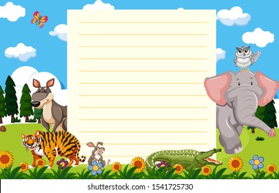 Paper template with wild animals in garden illustration