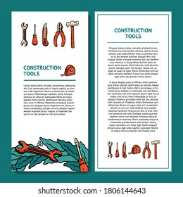 Paper template with wrench, screwdriver, office knife, pliers, hammer and roulette with outline and shadow in green, beige and orange colors in retro style