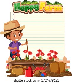 Paper template wtih boy planting flowers in the garden illustration