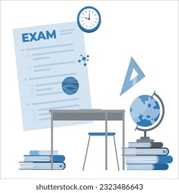 Paper Test, Exam Sheet with Grade Results. Exam preparation, school test, examination concept, checklist and hourglass, choosing answer, questionnaire form, education, vector flat illustration