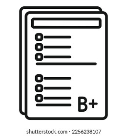 Vector de contorno de icono de prueba de papel. Examen de respuesta. Marca de hoja