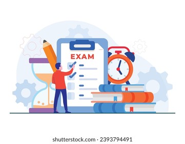 Paper test with timer and hourglass, Exam concept flat illustration concept, Examination, Survey, Checklist, Test, quiz