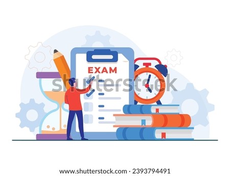 Paper test with timer and hourglass, Exam concept flat illustration concept, Examination, Survey, Checklist, Test, quiz