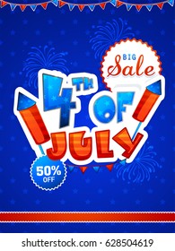 Paper Text 4th of July on blue fireworks explosion background. Big Sale Template, Banner or Flyer for American Independence Day.
