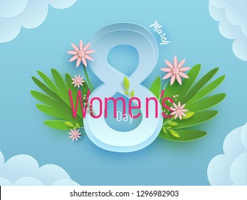 Paper text 8 march decorated with flowers on blue cloudy background for Women's Day poster or banner design.