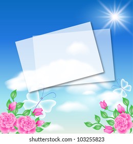 Paper for text in the blue sky and pink roses