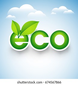 Paper Text Eco with green leaves on shiny cloudy background. Creative sticker, tag or label design for Ecology concept.