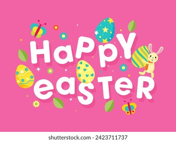 Paper Text of Happy Easter with Cartoon Bunny, Printed Eggs, Butterflies and Flowers Decorated on Pink Background.