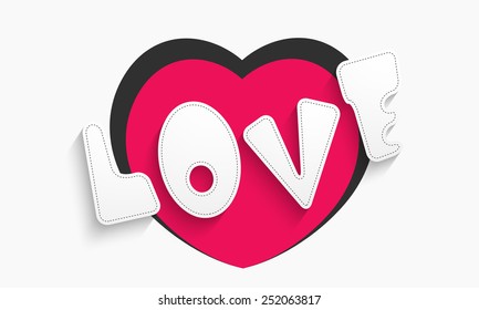 Paper text Love with pink heart for Happy Valentine's Day celebration on white background.