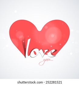 Paper text Love with red shiny heart for Happy Valentine's Day celebration.