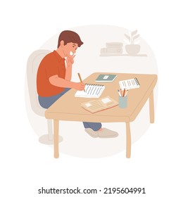 Paper textbook isolated cartoon vector illustration. Table with paper workbooks, student writing in a textbook, traditional study materials, homeschooling curriculum vector cartoon.