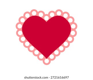 Forma de corazón rojo de papel o textil con bordes de volantes. Plantilla para tarjeta, etiqueta o etiqueta del día de San Valentín con los bordes del cordón aislados en el fondo blanco. Ilustración plana de Vector.