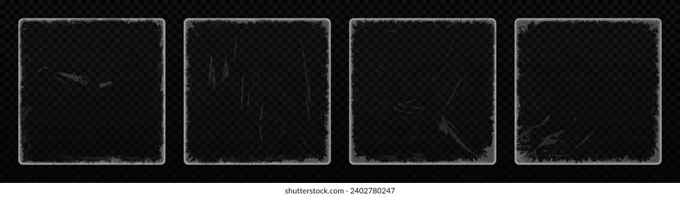 Paper texture effect with scratched borders and edges. Realistic old paper texture overlay effect with aged grunge texture, dust, and scratches. Set of square frames for album covers and vinyl. Vector