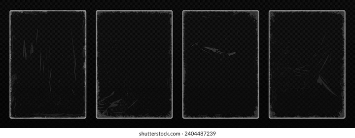 Paper texture effect with scratched borders and edges. Realistic old paper texture overlay effect with aged grunge texture, dust and scratches. Set of rectangle A4 frames for posters and vinyl. Vector